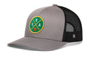 The Haka Hat Seattle Trucker Hat SEA X Basketball Snapback features a gray and black mesh back, snapback closure, and a round green patch with yellow lines, S-E-A letters, and an orange basketball on the front.