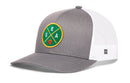 The Haka Hat Seattle Trucker Hat is a gray and white snapback with a green and yellow SEA X Basketball patch, featuring SEA letters and a basketball graphic—perfect for fans of the classic trucker style.