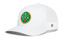 The Haka Hat Seattle Trucker Hat is a white mesh snapback with a curved brim, featuring a green circular patch with yellow SEA letters, yellow borders, and a basketball graphic on the front.