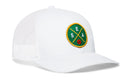 The Haka Hat Seattle Trucker Hat features a white mesh, classic snapback design with a green and yellow circular SEA X Basketball patch on the front and a standout red basketball detail—perfect for bold Seattle style.