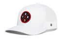 The Haka Hat Toronto Trucker Hat | TOR X Basketball Snapback features white mesh, a black and red circular front patch with O, R, T letters and basketball, plus a small black and white logo tag on the side panel.