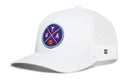 The Haka Hat Utah Trucker Hat features white mesh and a snapback design, with a round patch displaying UTA letters, purple background, intersecting lines, and a basketball—making it a bold Salt Lake City statement.