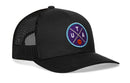 The Haka Hat Utah Trucker Hat | UTA X Basketball Snapback is a black trucker cap with mesh back, round patch featuring U, T, A letters in purple, blue, and white accents plus a small orange basketball—true Utah style.