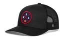 The Haka Hat Washington DC Trucker Hat is a black mesh snapback with a curved brim, featuring a “WAS” and basketball patch on the front, plus breathable black mesh side panels.