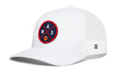 The Haka Hat Washington DC Trucker Hat features a white mesh back, navy and red circular patch with "WAS" and a basketball, plus a side logo patch for detail. A stylish snapback from Haka Hat's WAS X Basketball collection.