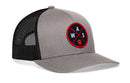 The Haka Hat Washington DC Trucker Hat features gray and black mesh, a front patch with "WAS" and a basketball graphic in an X design—perfect for fans.