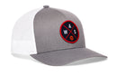 The Haka Hat Washington DC Trucker Hat is a gray and white snapback with a round black and red patch on the front, featuring WAS lettering and a small basketball design.