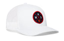 The Haka Hat Washington DC Trucker Hat is a white snapback with mesh back, featuring a front patch displaying "WAS" and an orange basketball icon on black with red accents. Brand: Haka Hat.
