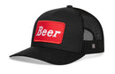 The Haka Hat Beer Trucker Hat is a black snapback with a red “Beer” patch in white letters and a breathable black mesh back, blending comfort and style from Haka Hat.