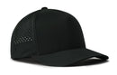 The Haka Hat Blank Performance 5-Panel Hat by Haka Hat is a black Flexfit® Snapback featuring side ventilation holes, a curved brim, and a Flexfit sweatband, shown against a white background.