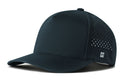 The Haka Hat Blank Performance 5-Panel Hat by Haka Hat is a black Flexfit® Snapback with a curved brim, water-repellent fabric, perforated back panel, and a white H logo on the side, shown here from the front.