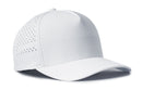 The Haka Hat Blank Performance 5-Panel Hat by Haka Hat is a white Flexfit® Snapback with a curved bill and side perforations, featuring a Flexfit sweatband, displayed on a white background.