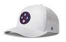 The Haka Hat Boston Baseball Performance 5-Panel Hat features a round navy and red BOS logo with a baseball on the front, perforated sides, curved brim, and a Flexfit® sweatband for comfort.