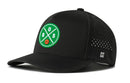 The Haka Hat Boston Basketball Performance 5-Panel Hat features a black design, green and white circular “BOS” logo with basketball, ventilated mesh back, and Flexfit® sweatband for comfort.