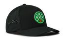 The Haka Hat Boston Basketball Performance 5-Panel Hat features a green and white circular BOS logo with a basketball, perforated side panels for ventilation, and a Flexfit® sweatband for all-day comfort. Brand: Haka Hat.