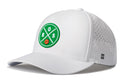 The Haka Hat Boston Basketball Performance 5-Panel Hat features a white design, green circular BOS logo with basketball, perforated sides for ventilation, H logo stitching, and a Flexfit® sweatband for comfort.