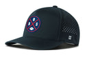 The Haka Hat Boston Football Performance 5-Panel Hat features a black design with a circular patch of BOS letters, red and blue accents, and a white football. It has side perforations, a small H logo, Flexfit® sweatband, and snapback closure.