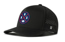 The Haka Hat Boston Football Performance 5-Panel Hat is a black Flexfit® snapback featuring a blue and red BOS football logo, curved brim, perforated side holes for breathability, and a comfort sweatband.