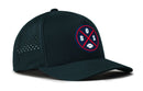 The Haka Hat Boston Football Performance 5-Panel Hat is a dark Flexfit® snapback with mesh side panels, a red and blue circular front logo featuring BOS initials, crossed lines, and a small white football.