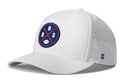 The Haka Hat Boston Football Performance 5-Panel Hat is a white Flexfit® snapback with a curved brim, ventilation holes, and a round blue/red BOS football emblem for comfort and style.