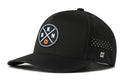 The Haka Hat Brooklyn Basketball Performance 5-Panel Hat is a black BKN X Flexfit® snapback with a curved brim, mesh sides, circular logo with crossed lines and basketball, Flexfit sweatband for comfort, and a small H logo on the side.