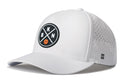 The Haka Hat Brooklyn Basketball Performance 5-Panel Hat features a white design with a round black BKN emblem, orange basketball detail, perforated side panels for ventilation, and a Flexfit® snapback for comfort.