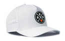 The Haka Hat Brooklyn Basketball Performance 5-Panel Hat | BKN X Flexfit® Snapback is white with a round BK N logo, black letters, and an orange basketball. Features side ventilation holes and a Flexfit sweatband for all-day comfort.
