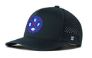 The Haka Hat Buffalo Football Performance 5-Panel Hat | BUF X Flexfit® Snapback is a black cap with a round blue, red, and white patch featuring B, U, F letters and a football icon. It has a Flexfit sweatband, side vents, and white H logo.
