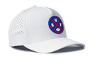 The Haka Hat Buffalo Football Performance 5-Panel Hat | BUF X Flexfit® Snapback features a white design, blue and red circular U/B/F football logo, side ventilation holes, and a comfortable Flexfit sweatband for all-day wear.
