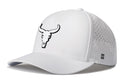 The Haka Hat Bull Skull Performance 5-Panel Hat features a white bull skull with a black outline on the front, perforated side panels, a small black H logo by the brim, and a Flexfit sweatband for comfort.