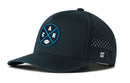 The Haka Hat Carolina Football Performance 5-Panel Hat | CAR X Flexfit® Snapback features a black mesh back, circular patch with blue crossed lines, C, A, R letters, and football; plus ventilation holes, Flexfit comfort band, and side H logo.