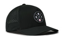 The Haka Hat Chicago Baseball Performance 5-Panel Hat in black features a round front patch with crossed lines, “C”, “H”, “I”, and a red-and-white baseball icon, side ventilation holes, and a comfortable Flexfit® sweatband.