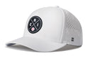 The Haka Hat Chicago Baseball Performance 5-Panel Hat features a circular black patch with H, C, and I over a baseball, perforated sides, right-side H logo, Flexfit® sweatband for comfort, and is water repellent.
