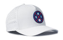 The Haka Hat Chicago Baseball Performance 5-Panel Hat features a white design, blue/red/white CHI patch with baseball graphic, perforated side panel, and Flexfit® snapback for comfort.