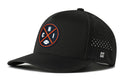 The Haka Hat Chicago Football Performance 5-Panel Hat features a round emblem with crossed orange lines, CHI letters, and a football. It offers ventilation holes, an “H” logo near the brim, and a Flexfit® sweatband for comfort.