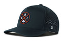 The Haka Hat Chicago Football Performance 5-Panel Hat features a round patch with crossed orange lines, "C", "H", and "I" letters, a small football, side ventilation holes, an H logo, and a comfortable Flexfit® snapback.