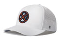 The Haka Hat Chicago Football Performance 5-Panel Hat features a white design with a black, orange, and white CHI circular football logo, perforated sides, curved brim, and Flexfit® sweatband for comfort.