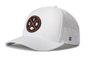 The Haka Hat Cincinnati Football Performance 5-Panel Hat | CIN X Flexfit® Snapback is a white hat with a black and orange circular CINCINNATI football logo, small ventilation holes, a Flexfit sweatband for comfort, and an H logo by the brim.