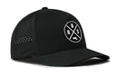 The Haka Hat Boston Performance 5-Panel features Flexfit®, ventilation holes, and a front patch with intersecting white lines, "BOS," and a small shape. Brand: Haka Hat. Product: BOS X Flexfit® Snapback.