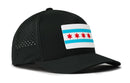 The Haka Hat Chicago Flag Performance 5-Panel Hat is a black Flexfit® snapback featuring a city flag patch, side ventilation holes, water-repellent fabric, and sweatband for comfort—ideal for any weather.