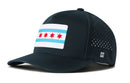 The Haka Hat Chicago Flag Performance 5-Panel Hat is a black City Flexfit® Snapback featuring the city flag’s four red stars and two blue stripes on the front, small ventilation holes, side H logo, and a Flexfit sweatband.