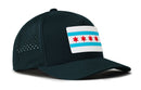The Haka Hat Chicago Flag Performance 5-Panel Hat is a black City Flexfit® Snapback featuring a front patch of the city flag, mesh back panel, and a comfortable sweatband.