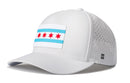 The Haka Hat Chicago Flag Performance 5-Panel City Flexfit® Snapback features a white design, front patch with the Chicago flag (two blue stripes, four red stars), perforated side panels, H logo on the left, and a Flexfit sweatband for comfort.