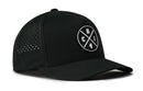 The Haka Hat Chicago Performance 5-Panel Hat features a black design, round front patch with crossed lines and "CHI" letters over Illinois, side vents, and a Flexfit sweatband for comfort.
