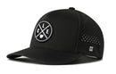 The Haka Hat Cleveland Performance 5-Panel Hat features a circular CLE and Ohio patch, Flexfit® sweatband for comfort, and perforated water-repellent side panels.