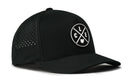 The Haka Hat Cleveland Performance 5-Panel Hat | CLE X Flexfit® Snapback by Haka Hat is a black cap with a round patch displaying intersecting lines, L, C, E lettering, an Ohio outline, side ventilation holes, and a comfy Flexfit sweatband.