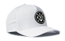 The Haka Hat Cleveland Performance 5-Panel Hat | CLE X Flexfit® Snapback features a white design with a black circular C-L-E logo and an Ohio outline, water-repellent fabric, side ventilation holes, and a comfortable Flexfit sweatband.
