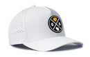 The Haka Hat Green Bay Performance 5-Panel Hat | GB X Cheese Flexfit® Snapback is a white, water-repellent hat with side ventilation holes and a round black and white logo featuring G, B, Wisconsin, and a cheese slice.