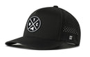 The Haka Hat New York City Performance 5-Panel Hat features a round NYC logo, small white ventilation holes, Flexfit® sweatband for comfort, and a white H logo above the brim. Brand: Haka Hat.
