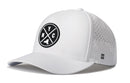 The Haka Hat New York City Performance 5-Panel Hat is a white Flexfit® snapback with a round black “NYC” logo and dog icon on the front, side ventilation holes, subtle “H” logo, and comfort-fit sweatband.